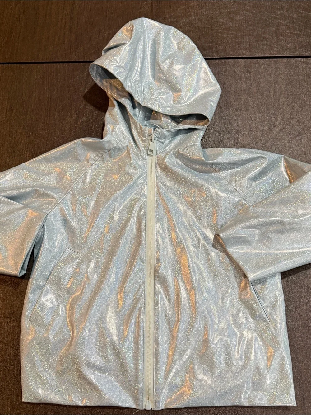 Zara Kids Holographic Metallic Blue Zip-Up Hooded Water Repellent Jacket Sz  5
